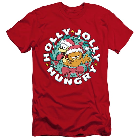 Garfield And Odie Christmas Holly Jolly Hungry Unisex Adult Canvas Brand T Shirt, Red, X-Large