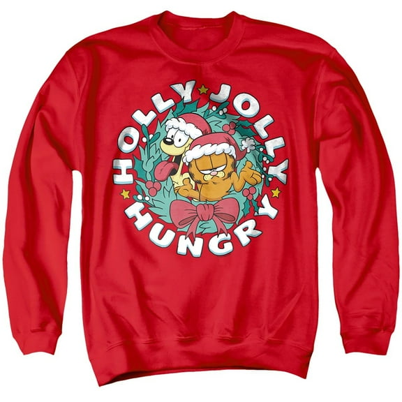 Garfield And Odie Christmas Holly Jolly Hungry Unisex Adult Crewneck Sweatshirt, Red, Medium