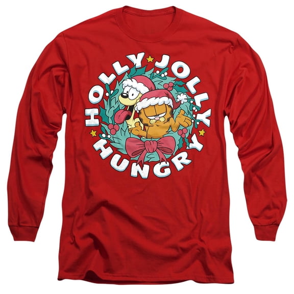 Garfield And Odie Christmas Holly Jolly Hungry Unisex Adult Long-Sleeve T Shirt, Red, Medium