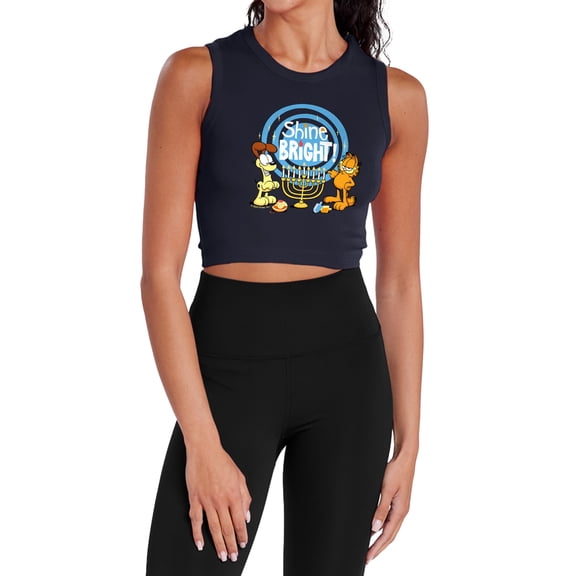 Garfield And Odie Shine Bright For Hanukkah Women's Sleeveless Crop Top Tank, Navy, Small