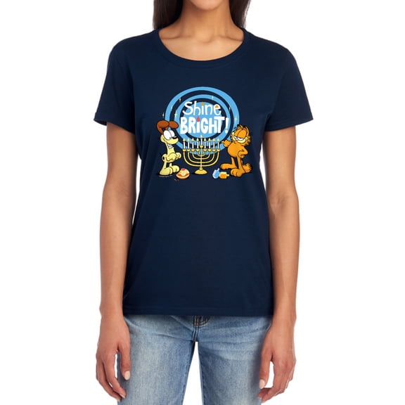 Garfield And Odie Shine Bright For Hanukkah Women's T Shirt, Navy, Small