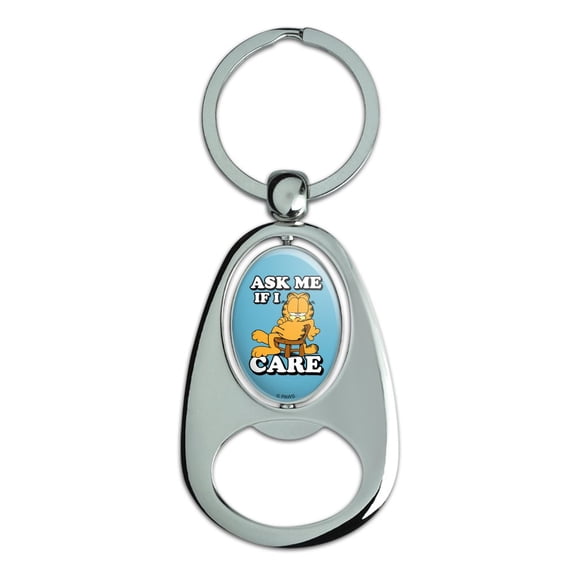 Garfield Ask Me If I Care Keychain Chrome Metal Spinning Oval Bottle Opener
