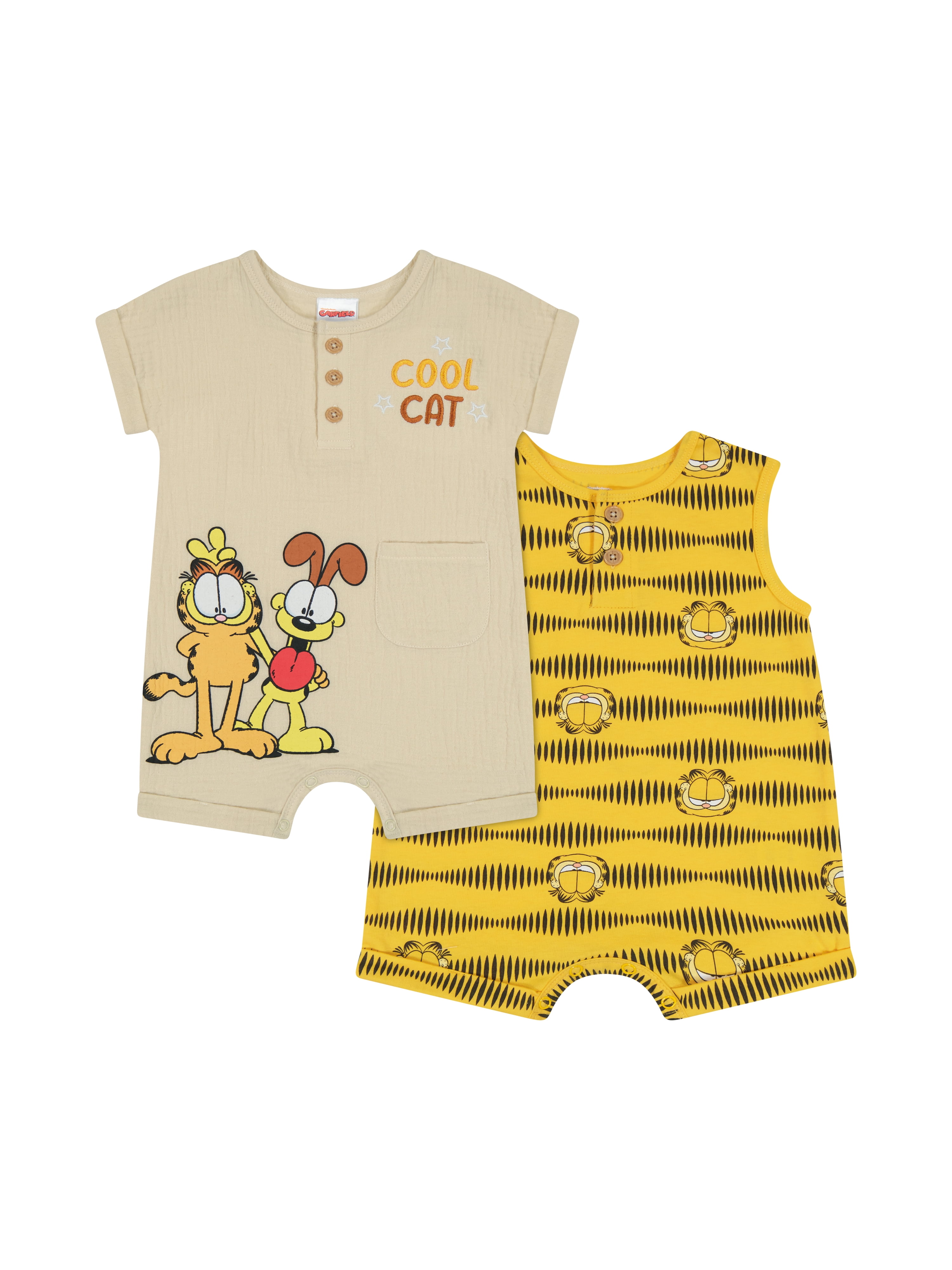 Garfield Baby Boys’ Cotton Romper with Short Sleeves, 2-Pack, Sizes 0/3M-24M