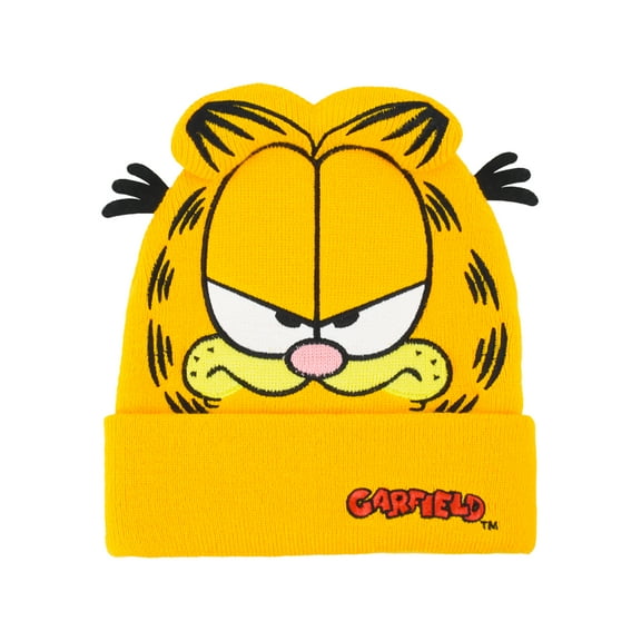 Garfield Beanie Hat, Winter Knit Cap with 3D Ears and Whiskers, Orange, One Size