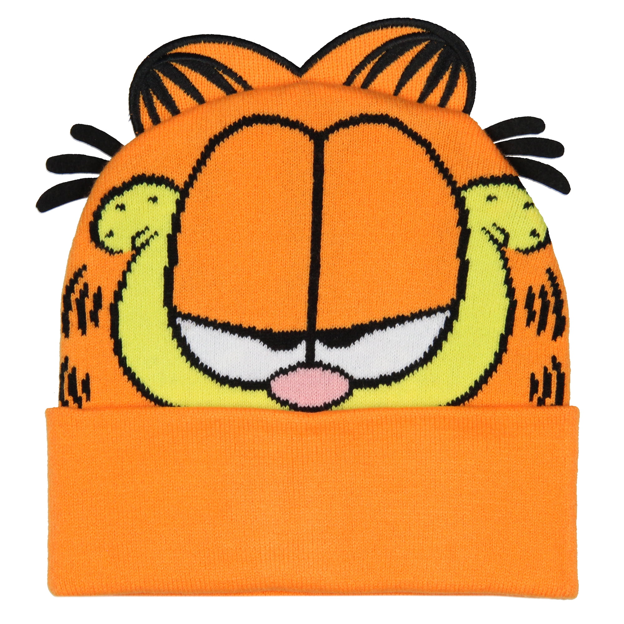 SEVEN TIMES SIX Garfield Beanie Men's Allover Face Design With 3D Ears and Fur Tufts Fold Cuff Knit Cold Weather Casual Beanie Cap Hat OSFM