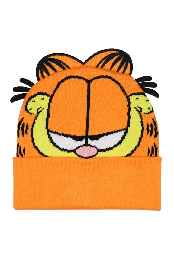 Garfield Beanie Men's Allover Face Design With 3D Ears and Faux Fur Tufts Fold Cuff Knit Cold Weather Casual Beanie Cap Hat OSFM