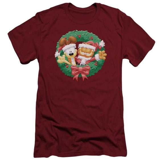 Garfield Christmas Wreath S/S Adult 30/1 T-Shirt Cardinal