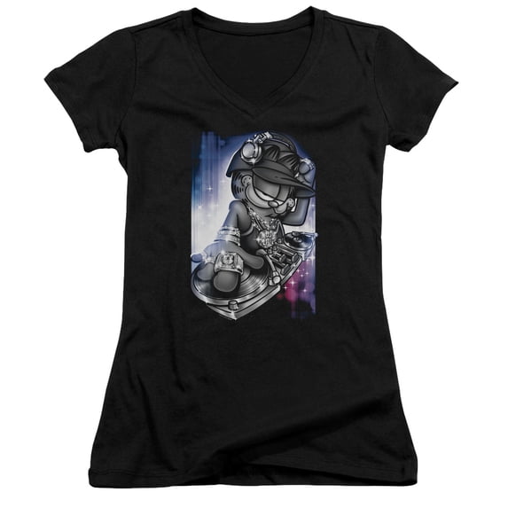 Garfield Dj Lazy Junior Women's V-Neck T-Shirt Black