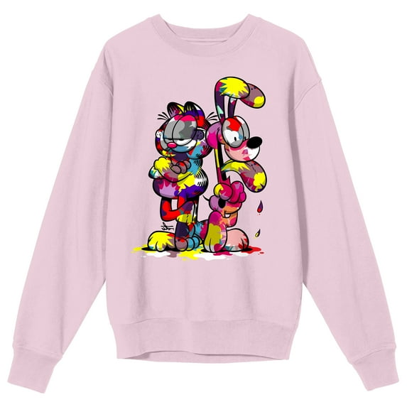 Garfield Eating Crew Neck Long Sleeve White Adult Sweatshirt-Large