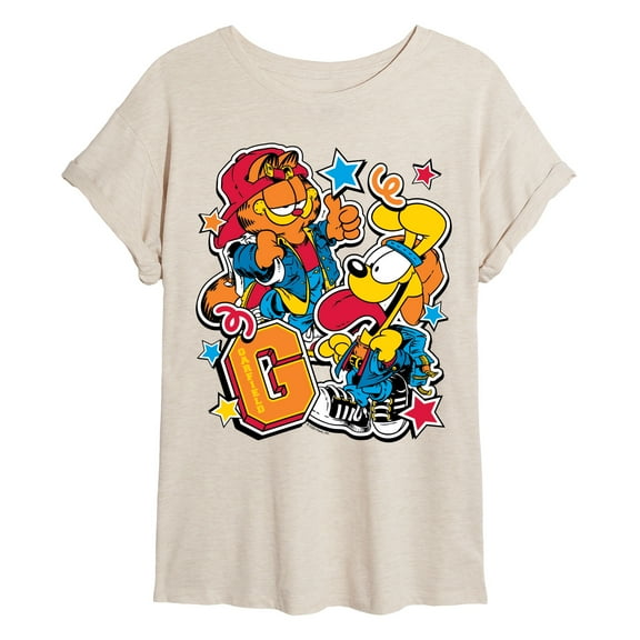 Garfield - Garf Odie Stickers - Juniors Oversized Graphic T-Shirt