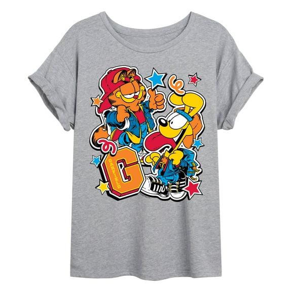 Garfield - Garf Odie Stickers - Juniors Oversized Graphic T-Shirt