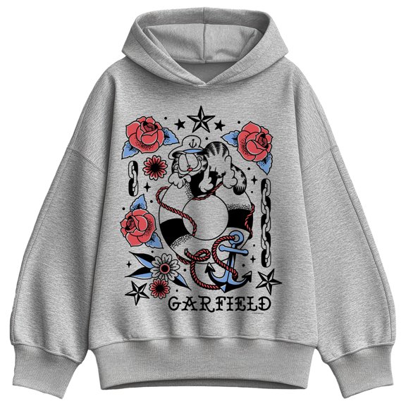 Garfield - Garfield Tattoo Flash - Ladies Oversized Fleece Hoodie Sweatshirt