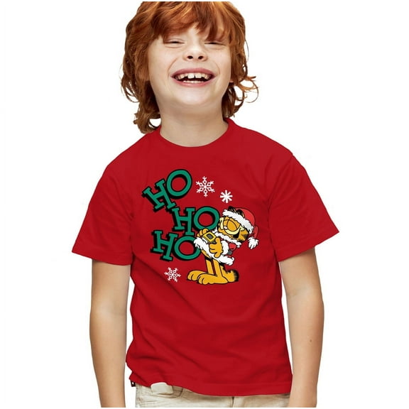 Garfield Ho Ho Ho Christmas Kids T Shirt for Youth Boys and Girls, Red, Medium