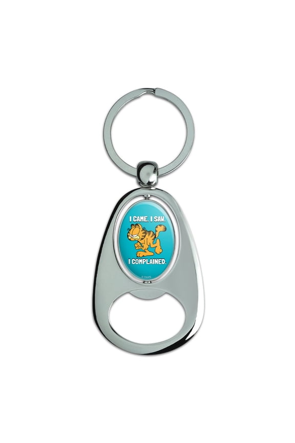 Garfield I Came. I Saw. I Complained. Keychain Chrome Metal Spinning Oval Bottle Opener