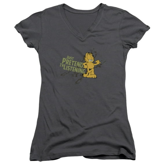 Garfield Just Pretend Im Listening Junior Women's V-Neck T-Shirt Charcoal