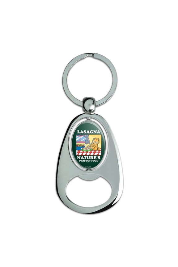 Lasagna The Perfect Food Keychain Chrome Metal Spinning Oval Bottle Opener