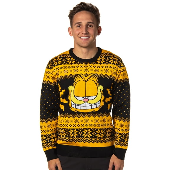 Garfield Men's Big Grin Fair Isle Design Knit Pullover Holiday Ugly Christmas Sweater