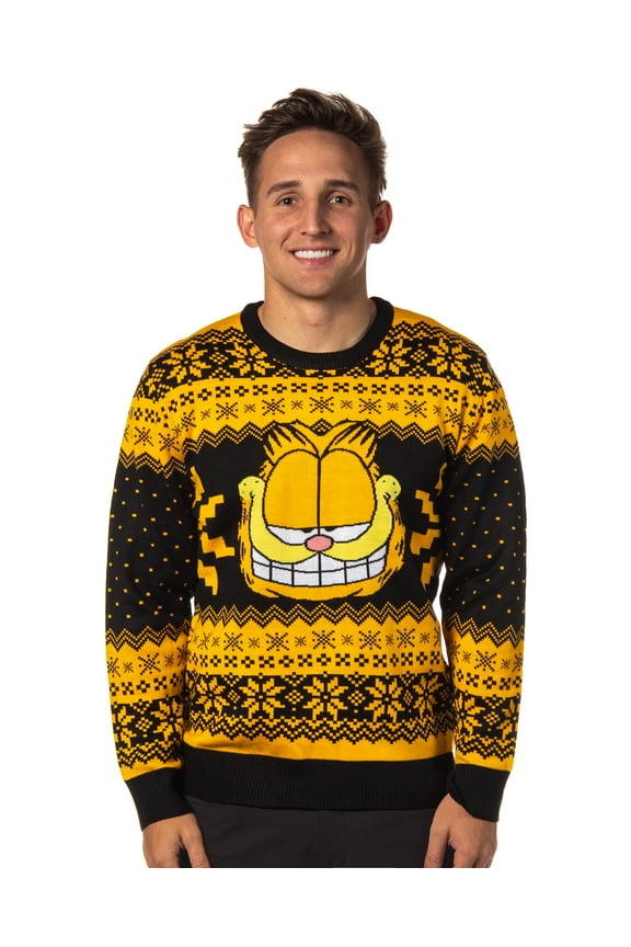 Garfield Men's Big Grin Fair Isle Design Knit Pullover Holiday Ugly Christmas Sweater