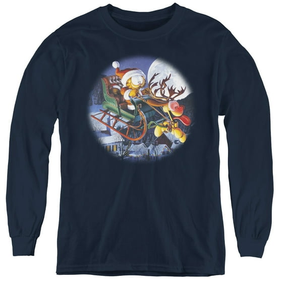Garfield Moonlight Ride Youth Long Sleeve T-Shirt Navy