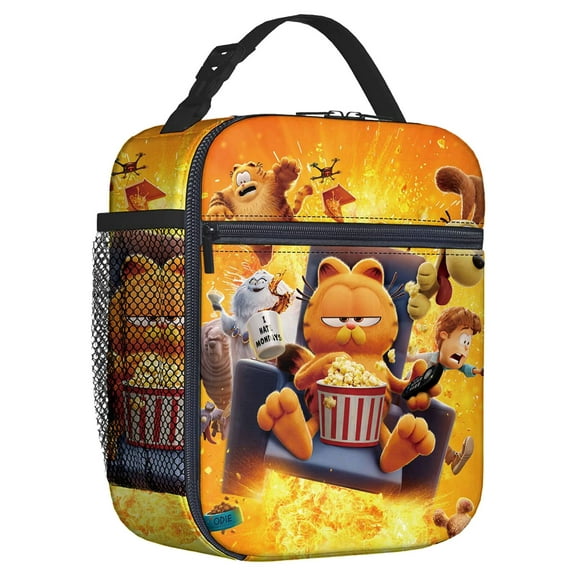 For The Garfield Movie Themed Insulated Lunch Bag – Reusable Water Resistant Cooler Tote, with Mesh Side Pocket and Zipper, Lunch Box Size 8.66x4.33x10.24 Inch Suitable for Camping, Trips, Picnics