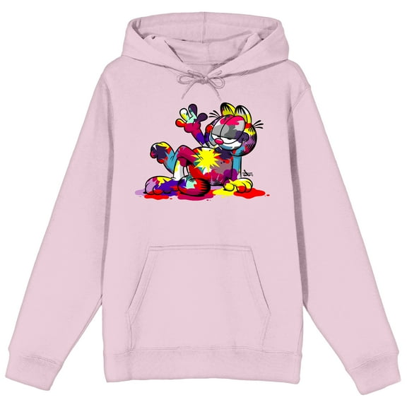 Garfield Multi-Colored Paint Long Sleeve Cradle Pink Adult Hooded Sweatshirt-Small