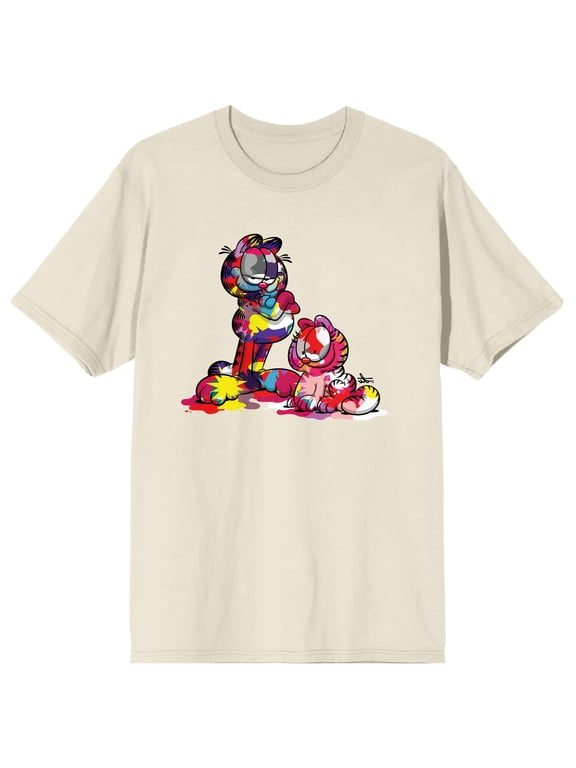 Garfield Nermal & Garfield Messy Paint Crew Neck Short Sleeve Natural Men's T-shirt-Small
