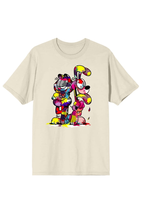 Garfield Odie & Garfield Messy Paint Crew Neck Short Sleeve Natural Men's T-shirt-Medium