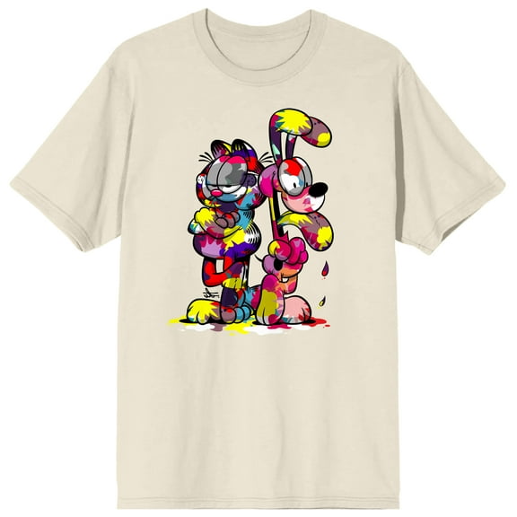 Garfield Odie & Garfield Messy Paint Crew Neck Short Sleeve Natural Men's T-shirt-Medium