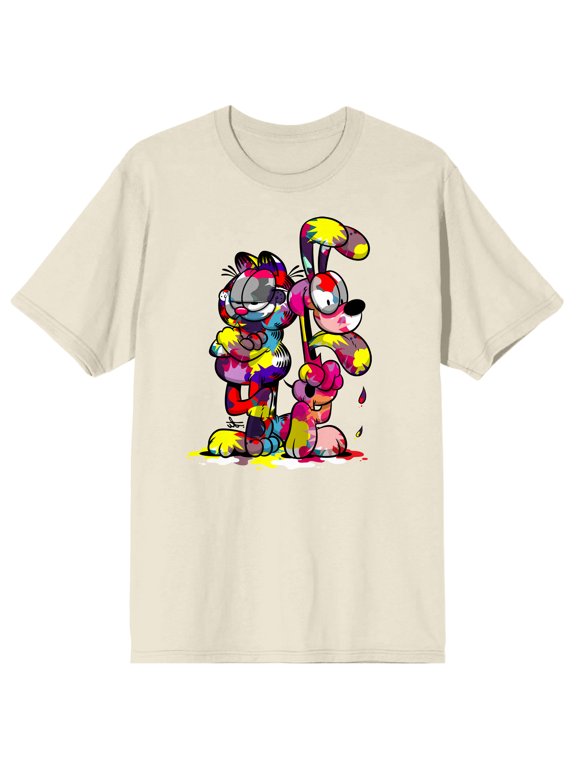 Garfield Odie & Garfield Messy Paint Crew Neck Short Sleeve Natural Men's T-shirt-XL