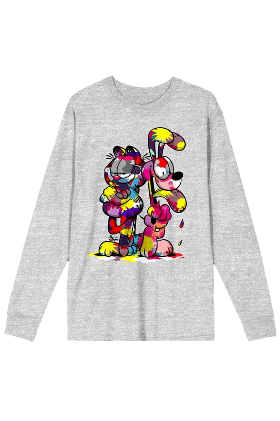 Garfield Odie & Garfield Multicolored Paint Crew Neck Long Sleeve Athletic Heather Adult Tee-Large