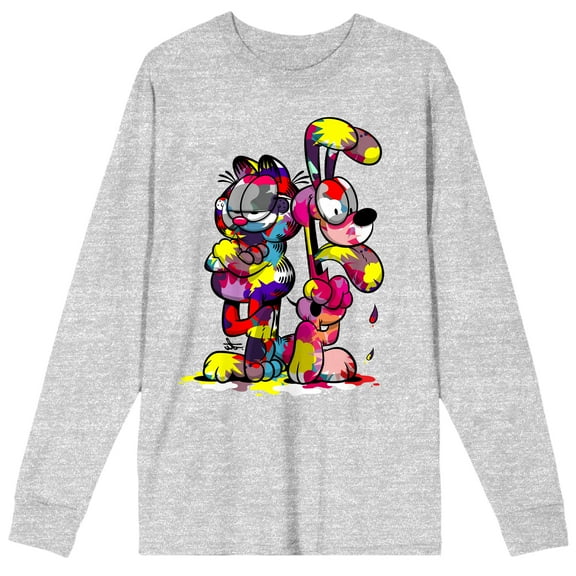 Garfield Odie & Garfield Multicolored Paint Crew Neck Long Sleeve Athletic Heather Adult Tee-XL