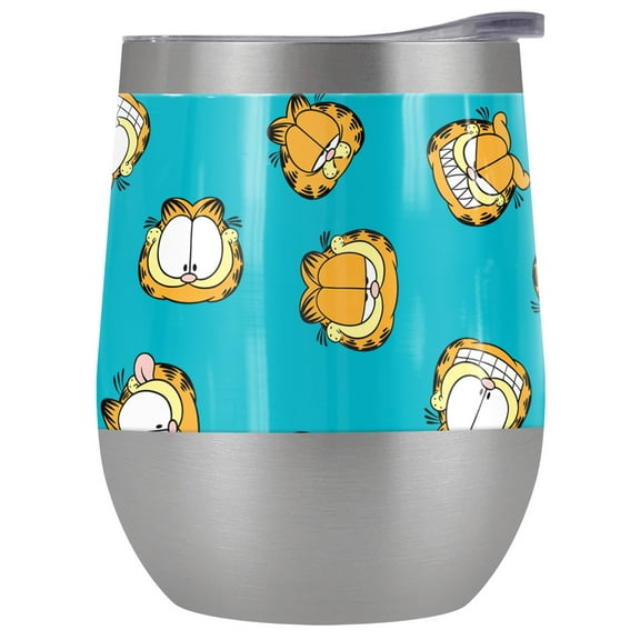 Garfield Official Faces Pattern 12 oz Stemless Tumbler, Stainless Steel Travel Cup|Lake Tumbler|Insulated with Leak Resistant Slide-Lock Lid, Stainless Steel