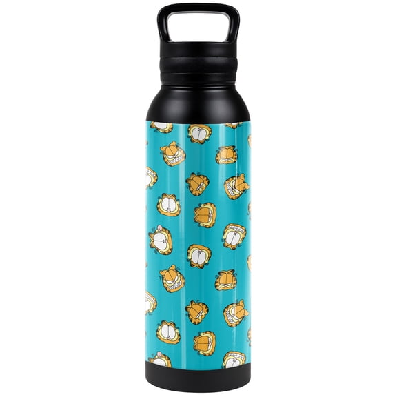 Garfield Official Faces Pattern 24 oz Insulated Canteen Water Bottle, Leak Resistant, Vacuum Insulated Stainless Steel with Loop Cap, Black