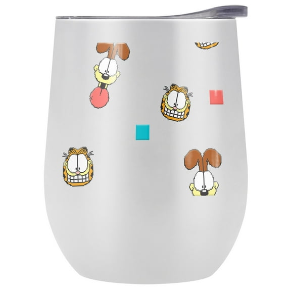 Garfield Official Garfield Random Pattern 12 oz Stemless Tumbler, Stainless Steel Travel Cup|Lake Tumbler|Insulated with Leak Resistant Slide-Lock Lid, White