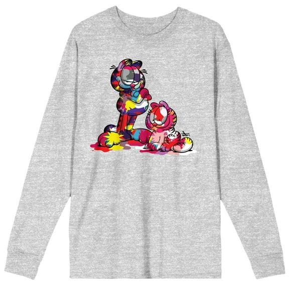 Garfield Paint-Covered Garfield & Nermal Crew Neck Long Sleeve Athletic Heather Adult Tee-Medium