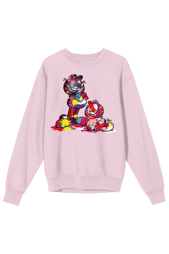 Garfield Paint-Stained Cat Crew Neck Long Sleeve Cradle Pink Adult Sweatshirt-Large
