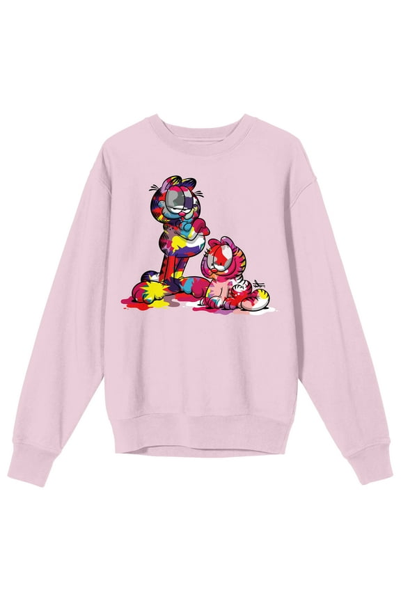 Garfield Paint-Stained Cat Crew Neck Long Sleeve Cradle Pink Adult Sweatshirt-Medium