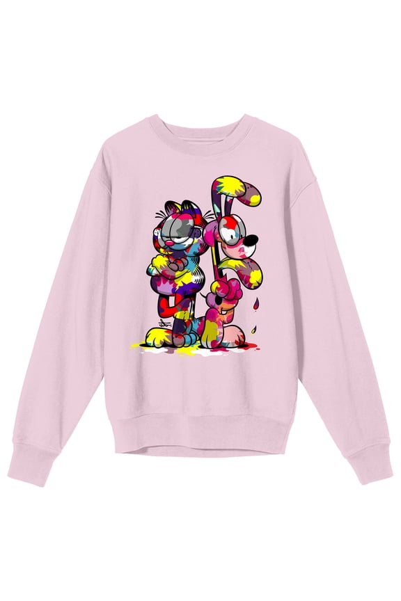 Garfield Paint-Stained Garfield & Odie Crew Neck Long Sleeve Cradle Pink Adult Sweatshirt-3XL