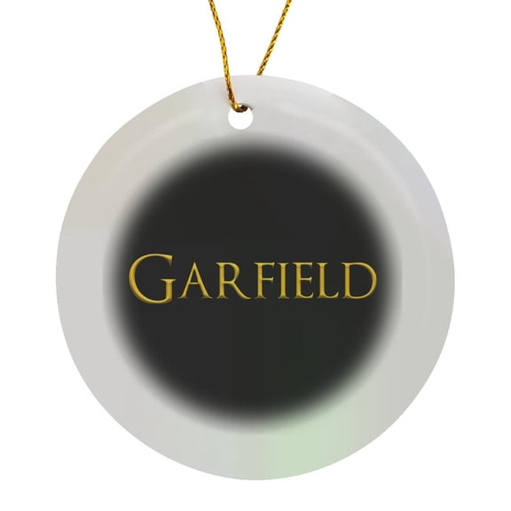 3drose, Garfield Popular Baby Boy Name in America. Yellow on Black Chic Gift, Circle Porcelain Ornament