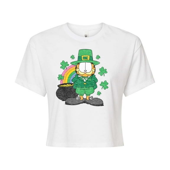 Garfield -  Rainbow Shamrocks - Juniors Cropped Cotton Blend T-Shirt