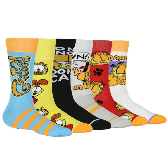 Garfield Socks Men's Don't Know Don't Care Character Inspired Adult 6-Pack Mid Calf Mix and Match Casual Crew Socks