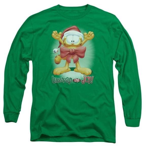 Garfield Unwrap The Joy! Long Sleeve Adult 18/1 T-Shirt  Kelly Green