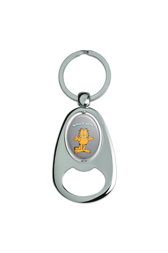 Garfield Who Cares? Keychain Chrome Metal Spinning Oval Bottle Opener