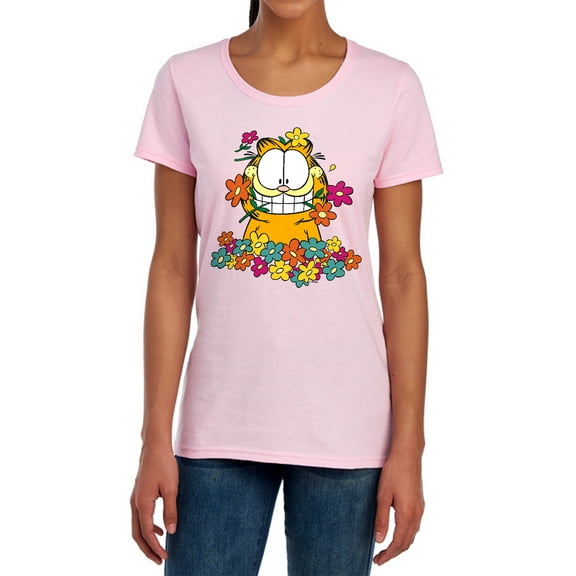 Trevco Sportswear GAR210-WT-3 Garfield in the Garden Womens Short Sleeve T-Shirt, Pink - Large