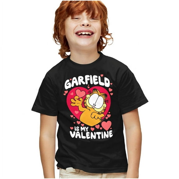 Garfield is My Valentine Kids T Shirt for Youth Boys and Girls, Black, X-Small