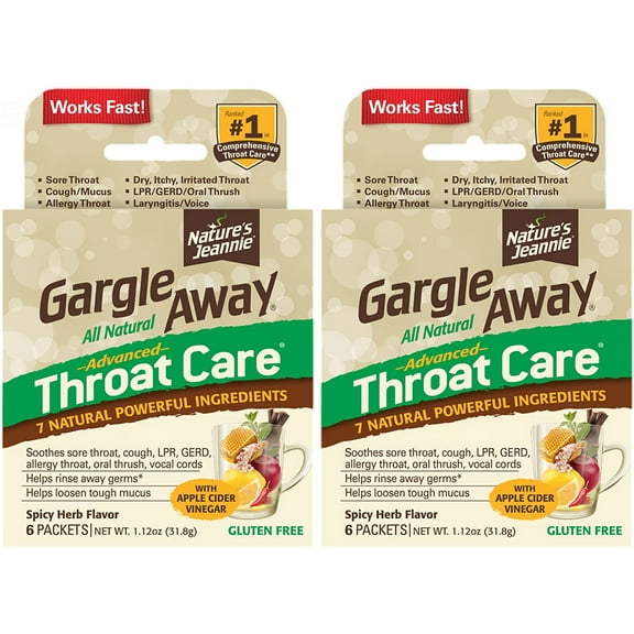 Gargle Away All-Natural Throat Care - Soothes Sore Throat, Tough Mucus, Persistent Cough, Oral Thrush for Adults (12 Packets) - Spicy Herb flavor