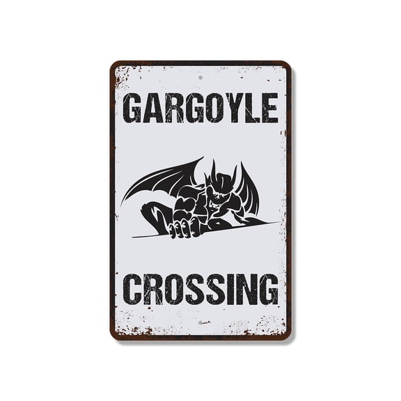 Gargoyle Crossing 13 Inch x 20 Inch Novelty Plastic Sign Wings Up Watch Your Head Durable Weatherproof Perfect for Gardens Porches Walkways Fun Gift for Gothic Fans Halloween Lovers