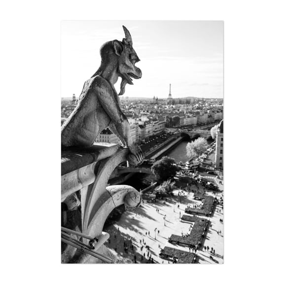 Gargoyle - Paris Île-de-France France Photography Gothic Black and White Architecture Cathedral Cityscape Skyline Travel Poster Unframed Wall Art Print 4 x 6 inches