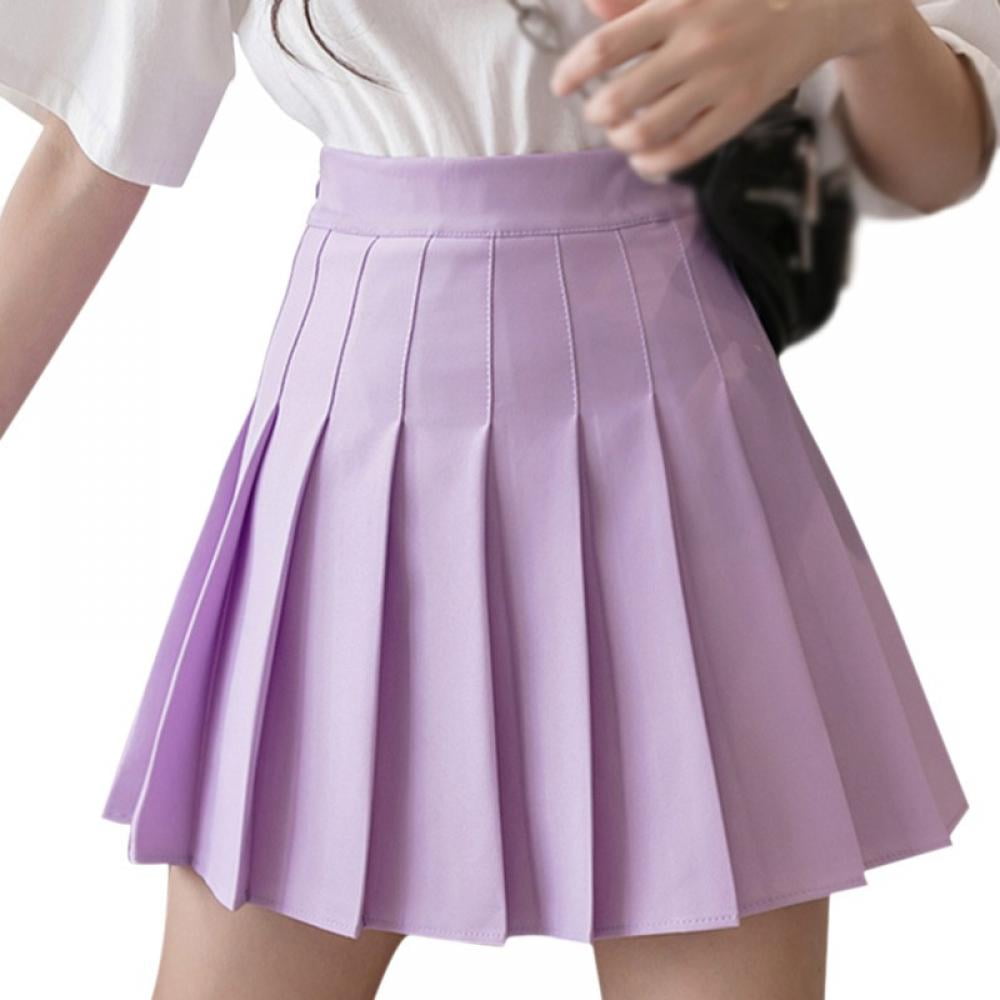Gargrow Girls Women High Waisted Pleated Skirt Plain Plaid A-Line Mini ...