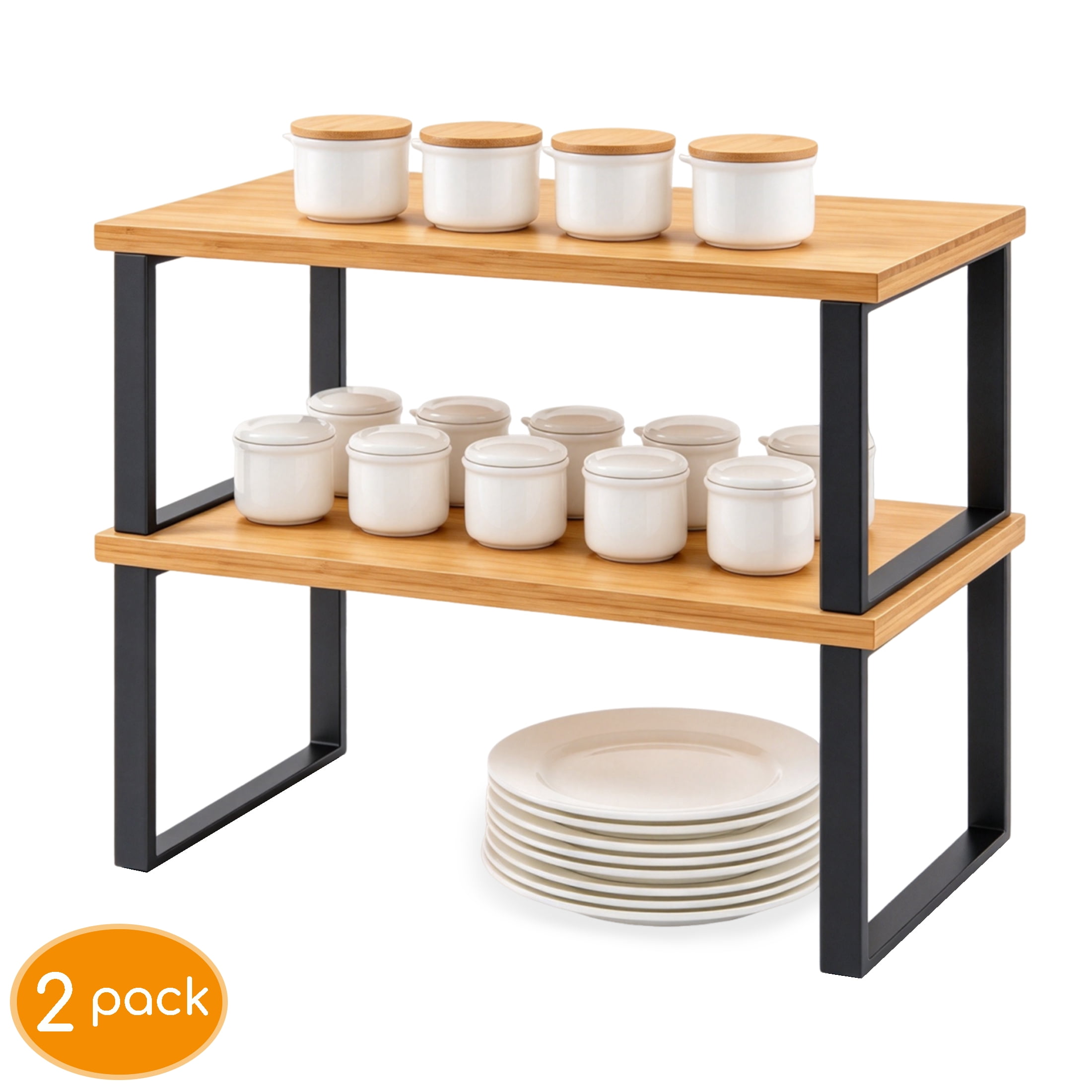 2 Pack Cabinet Organizer Shelf, Stackable Wooded Countertop Storage Rack, Expandable Kitchen Counter Shelf for Plates, Bowls, Spices
